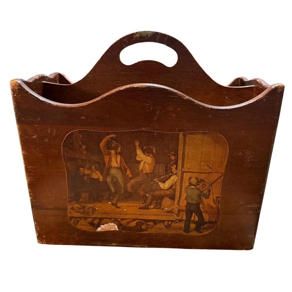 Vintage Wood Magazine Rack Rustic Barn Dance Decoupage Double Side Holder Brown